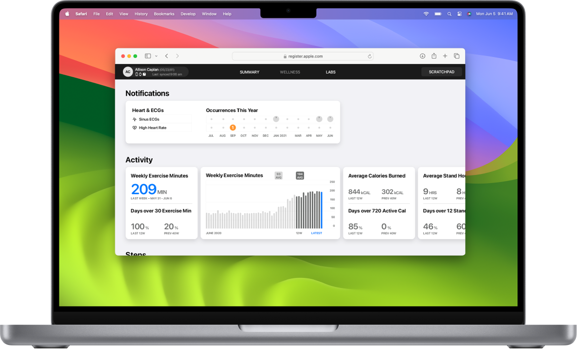 A web browser window showing the Apple Health app data. The patient data includes heart and ECG notifications, exercise minutes, calories burned, and stand hours.