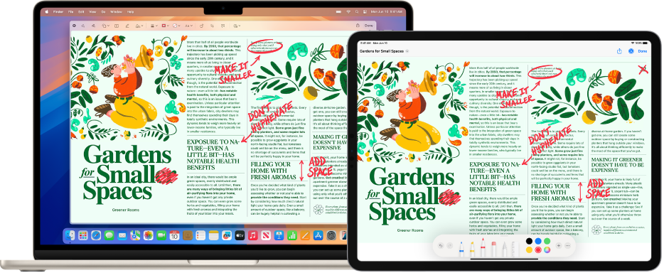A MacBook Air and an iPad sitting side by side. Both screens display an article covered in scribbled red edits, such as crossed out sentences, arrows, and added words. The iPad also has mark up controls at the bottom of the screen.