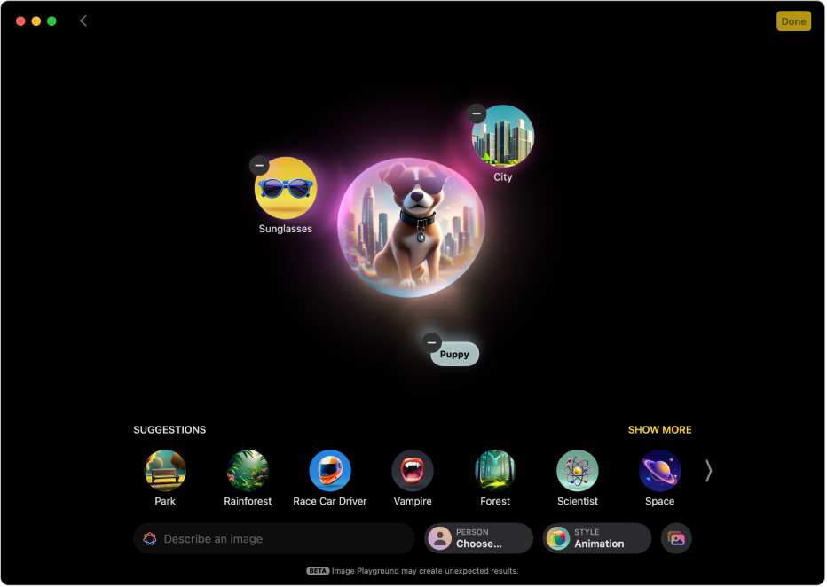 The Image Playground app window showing a created image of a puppy wearing sunglasses in a city.