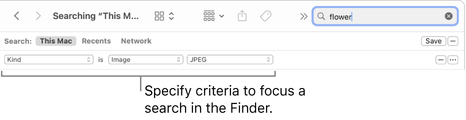 A Finder window with fields to specify search criteria.