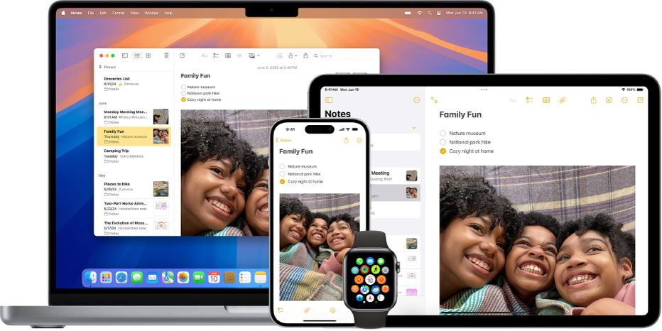 समान iCloud कॉन्टेंट विभिन्न डिवाइस पर उपलब्ध होता है।