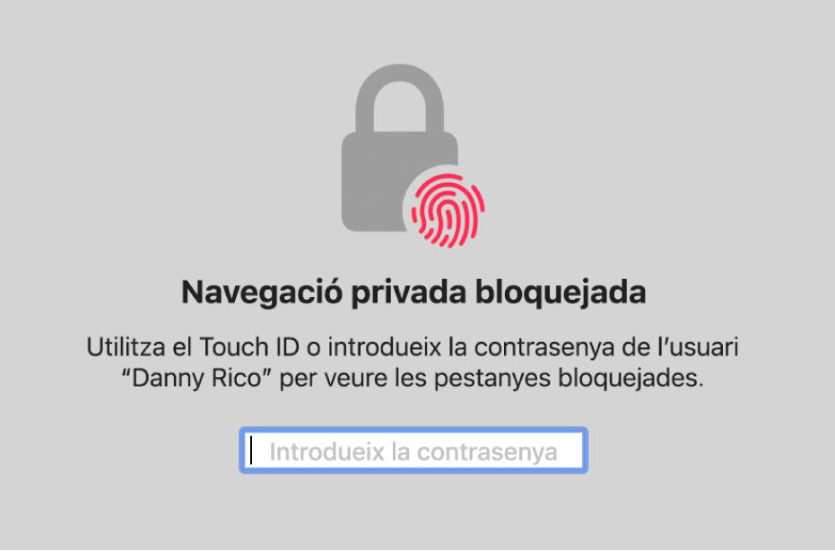 Una finestra demana el Touch ID o la contrasenya per desbloquejar les finestres de navegació privada.