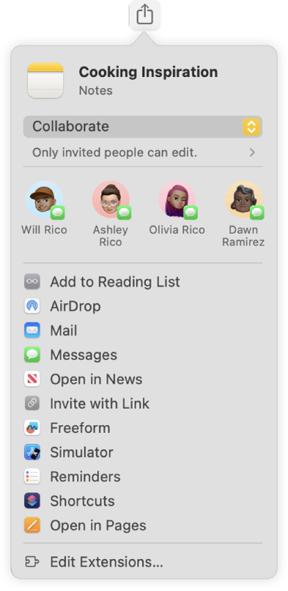 The Share Note dialog, where you can choose how to send the invitation to share a note.