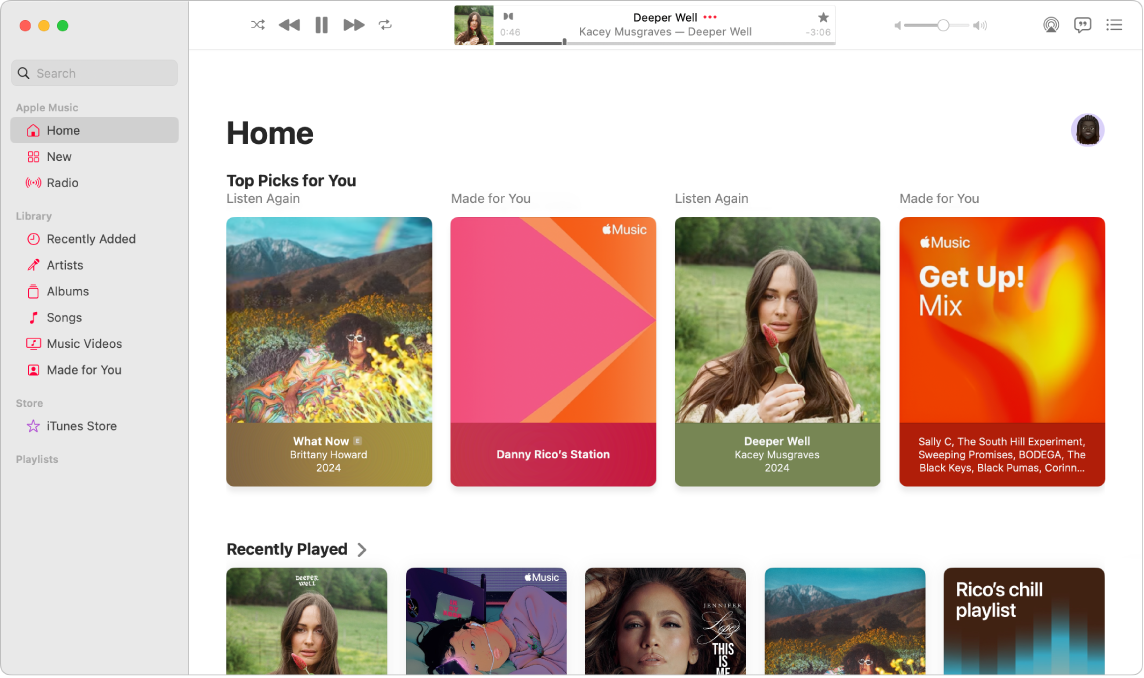 A Music window showing the Home screen. The sidebar with Home, New, and Radio is on the left. On the right, the Home screen shows Top Picks for You and Recently Played.