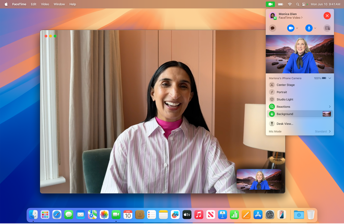 A FaceTime window showing video effects, including buttons to replace your background.