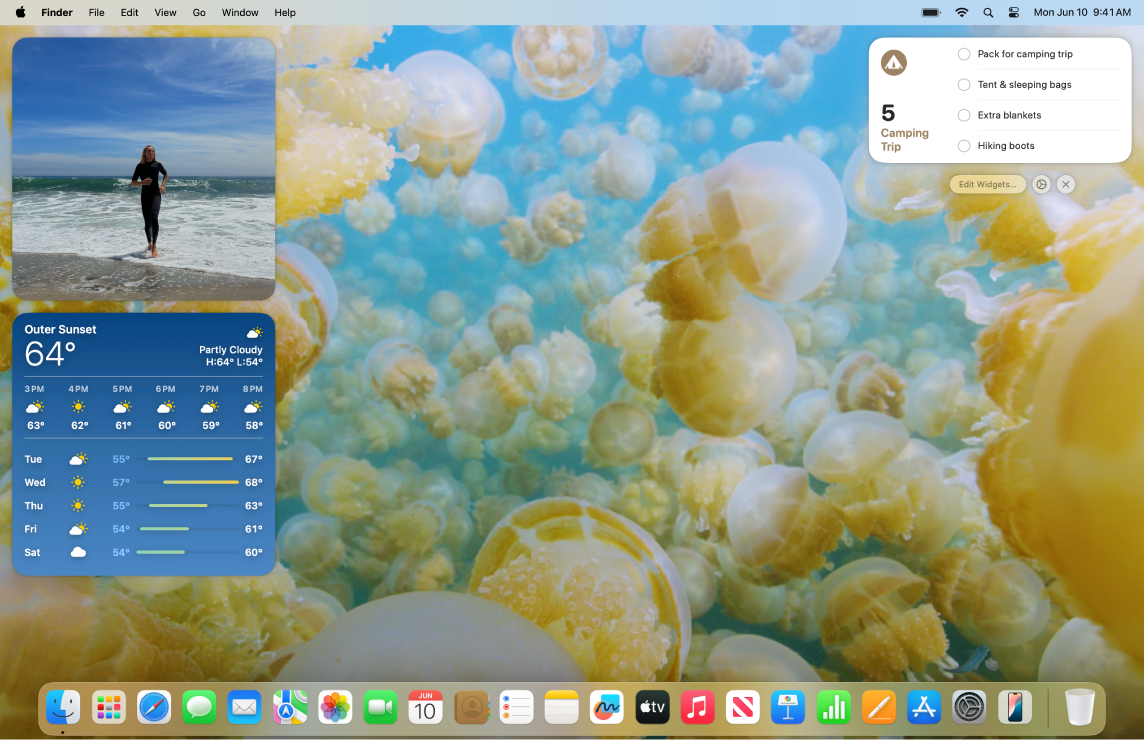 A Mac desktop with a custom wallpaper.