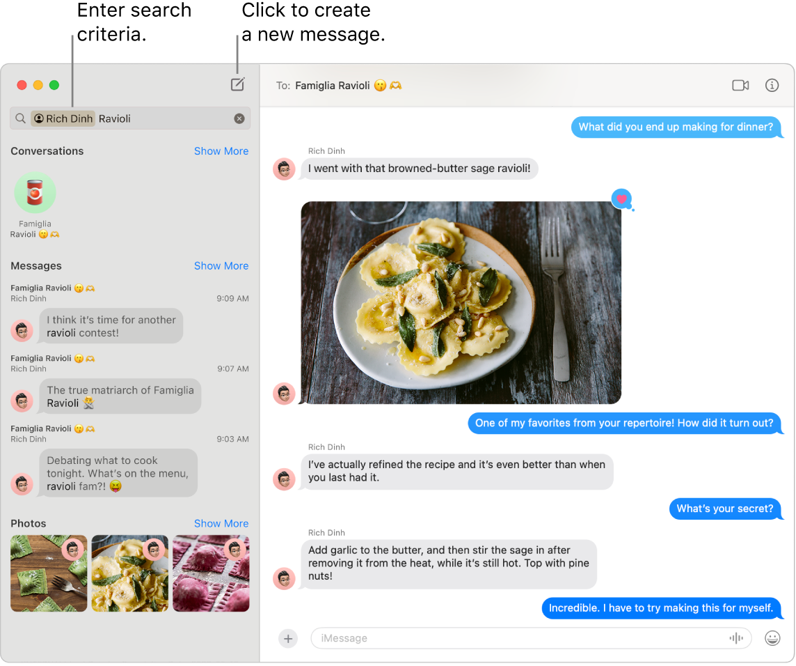 A Messages window showing search results for a contact and “ravioli” on the left. On the right, a conversation with a picture of ravioli.