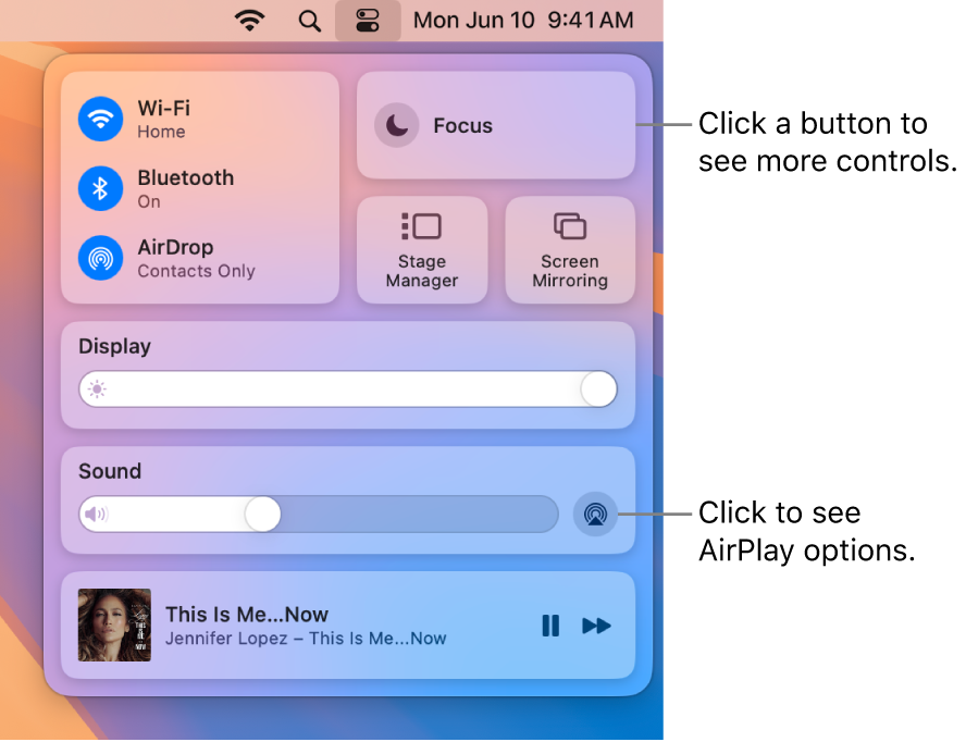 Zoomed-in view of Control Center on your Mac.