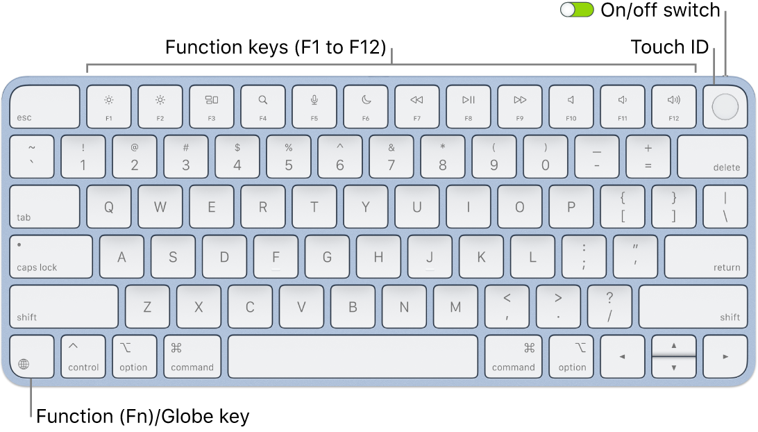 The Magic Keyboard with Touch ID showing the row of function keys and Touch ID across the top, and the Function (Fn)/Globe key in the lower-left corner.