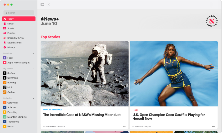 The Apple News window with the sidebar on the left and Top Stories on the right.