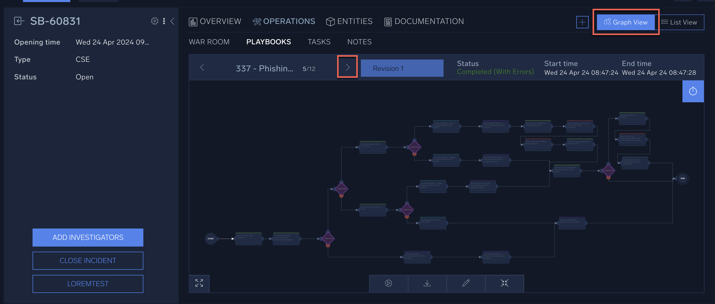 Playbook in graph view in Cloud SOAR