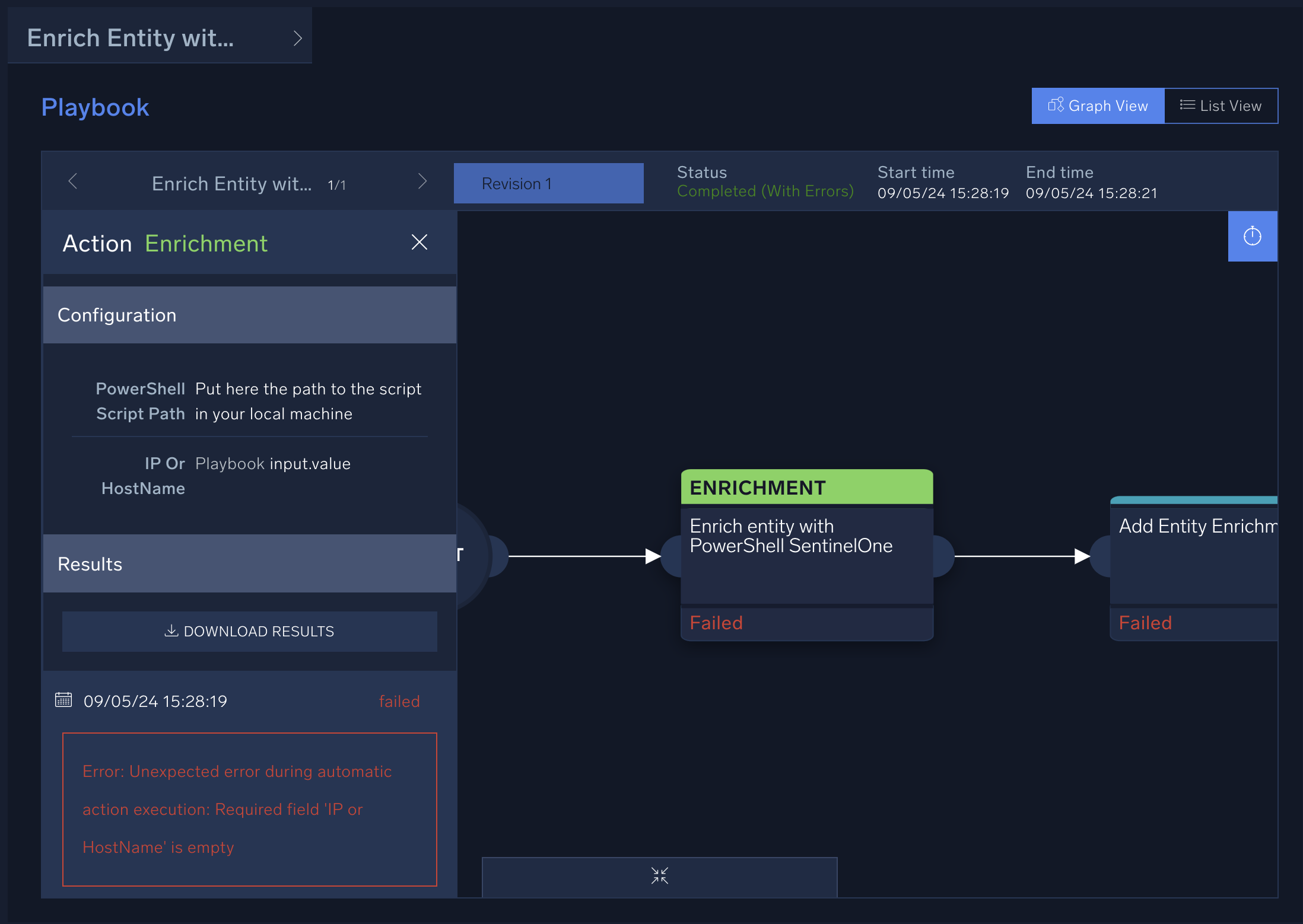 Failed action in playbook graph view