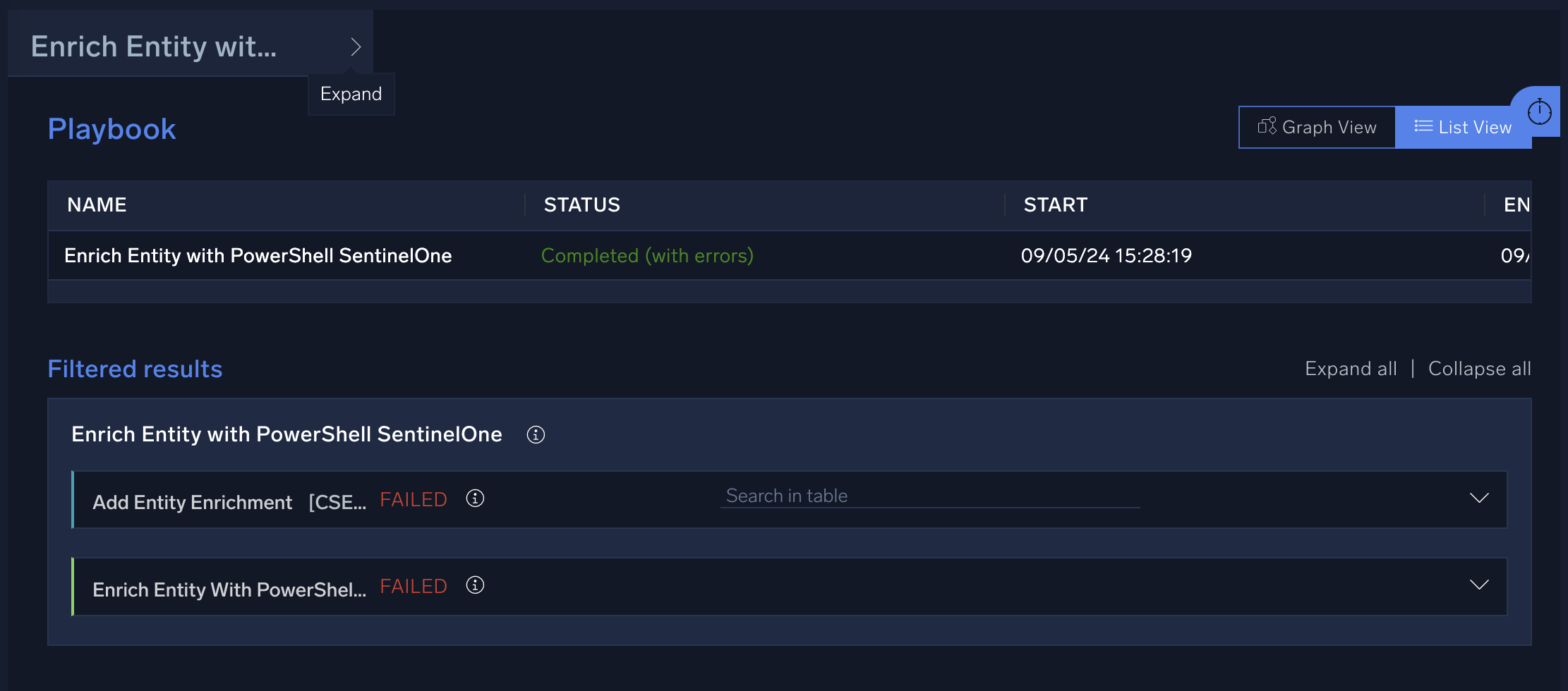 A Cloud SIEM automation playbook with errors