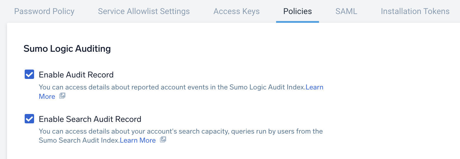 Enable Search Audit Index Record checkbox