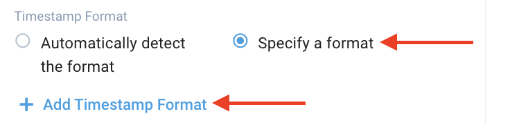 Screenshot illustrating the process of specifying a custom timestamp format in the Sumo Logic UI