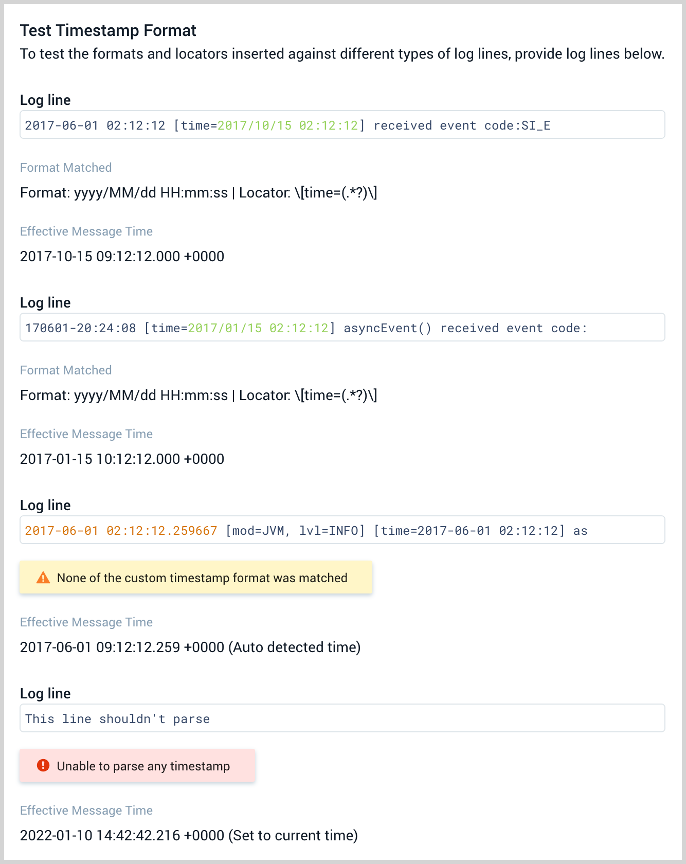 Screenshot of the results from testing custom timestamp formats, showing matched and unmatched formats