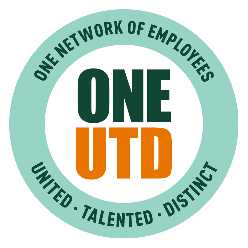 Logo which reads One UTD in the center, and One Network of Employees, United, Talented, Distinct, in an outer circle.