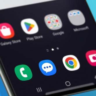 Close-up of a Galaxy phone screen displaying various app icons, including the Galaxy Store, Play Store, and Google apps, with a focus on the messaging app icon