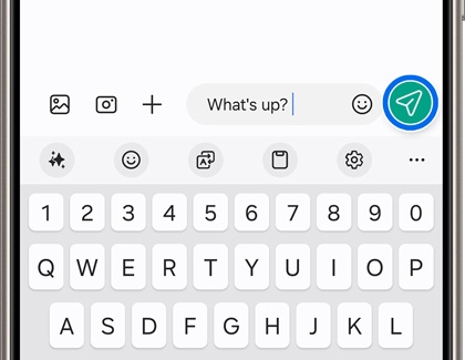 Galaxy phone screen showing a text message composition with 'What's up?' typed and the send button highlighted