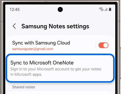 Sync to Microsoft OneNote highlighted in Samsung Notes settings