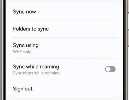 A list of options for syncing such as Sync now, Folders to sync, Sync using, Sync while roaming, and Sign out