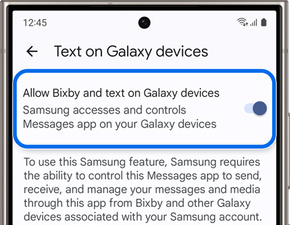 Allow Bixby and text on Galaxy devices highlighted and enabled in Text on Galaxy devices settings