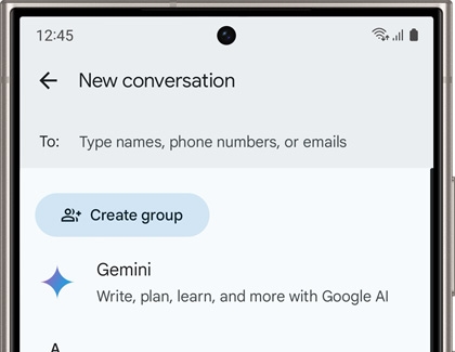 Google Messages app on a Samsung device, displaying a new conversation screen with an option to 'Create group' and a suggestion to use Google AI 'Gemini' for writing and planning.