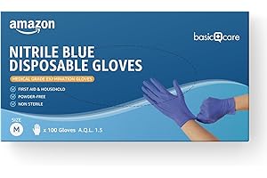 Amazon Basic Care Guantes desechables de nitrilo azul, Sin empolvar, Talla M, 100 Unidad (Anteriormente Marca Hevea)