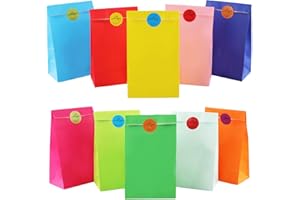 Bolsas de Regalo, Vexillic 60 Piezas Bolsas de Papel Kraft Colores Bolsas Chuches Cumpleaños con Pegatinas para Fiestas (10 C