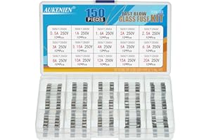 AUKENIEN 15 Valores 150 Piezas 5x20mm 250V Fusibles de Vidrio de Fusión Rápida Surtido Kit Contiene 0,5A 1A 1,6A 2A 2,5A 3A 3