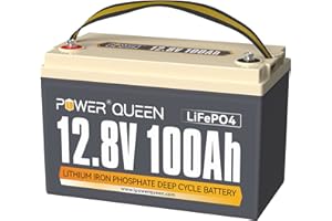 Power Queen Batería Litio 12V 100Ah Batería LiFePO4 1280Wh con 100A BMS Batería Recargable Hasta 15000+ Ciclos Profundos Seri