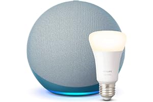 Echo (4.ª generación), Azul grisáceo + Philips Hue White Bombilla Inteligente (E27), compatible con Alexa - Kit de inicio de 