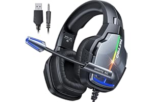 Tatybo Cascos Gaming, Auriculares Gaming con Giratorio de 90° y 4 Modos de Iluminación RGB, Transductores 50mm, Micrófono con