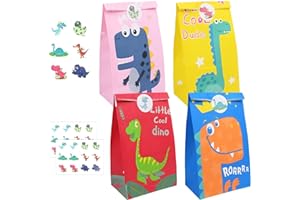 Flintronic 20PCS Bolsas de Regalo de Papel, con 24 Pegatinas de Dinosaurios (2 Piezas), Bolsas Kraft para Dulces, Fiesta Infa