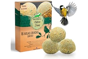 Mice&Co Bolas Grasas Comida Pájaros - Bolas de Sebo Aves Silvestres | Suet Balls Semillas Pienso Aves - 16 Unidades