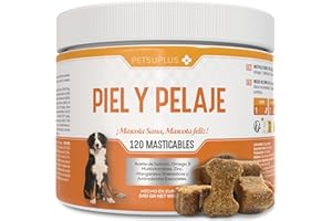 PETSUPLUS Piel y Pelaje - Complemento Alimenticio con Aceite de Salmon Perros y Omega 3 Perros. Previene y Mejora síntomas co