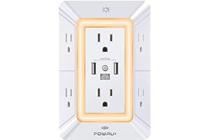 Multi Plug Outlet Surge Protector - POWRUI 6 Outlet Extender with 3 USB Ports (1 USB C) and Night Light, 3-Sided Power Strip 