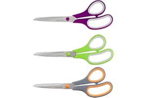 Amazon Basics Stainless Steel Scissors for Office, Crafts, Multipurpose, Sharp, Comfort Grip, PVD Coated, 3 Pack, Multicolor