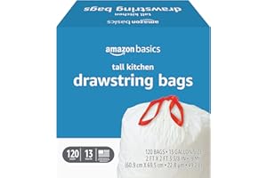 Amazon Basics Tall Kitchen Drawstring Trash Bags, 13 Gallon, 120 Count, Pack of 1