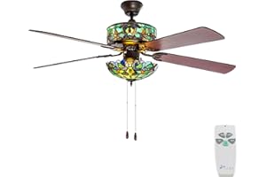 RIVER OF GOODS Stained Glass Magna Carta LED Ceiling Fan - 52" L x 52" W - Tiffany Style - Flush Mount Ceiling Fan with Remot