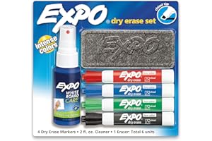 EXPO Low Odor Dry Erase Marker Set with White Board Eraser and Cleaner, Chisel Tip Dry Erase Markers, Assorted Colors, 6 Piec