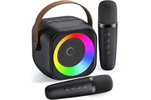 Mini Karaoke Machine, Portable Bluetooth Karaoke Speaker with 2 Wireless Microphones and Party Lights for Kids and Adults, Bi