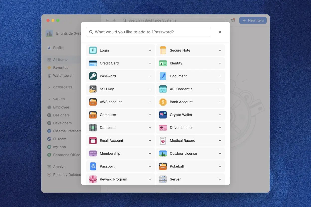 Pop-up window in the 1Password app offering categories for getting started, developer tools, and most popular logins with icons and options like login, credit card, passport, and API credential.