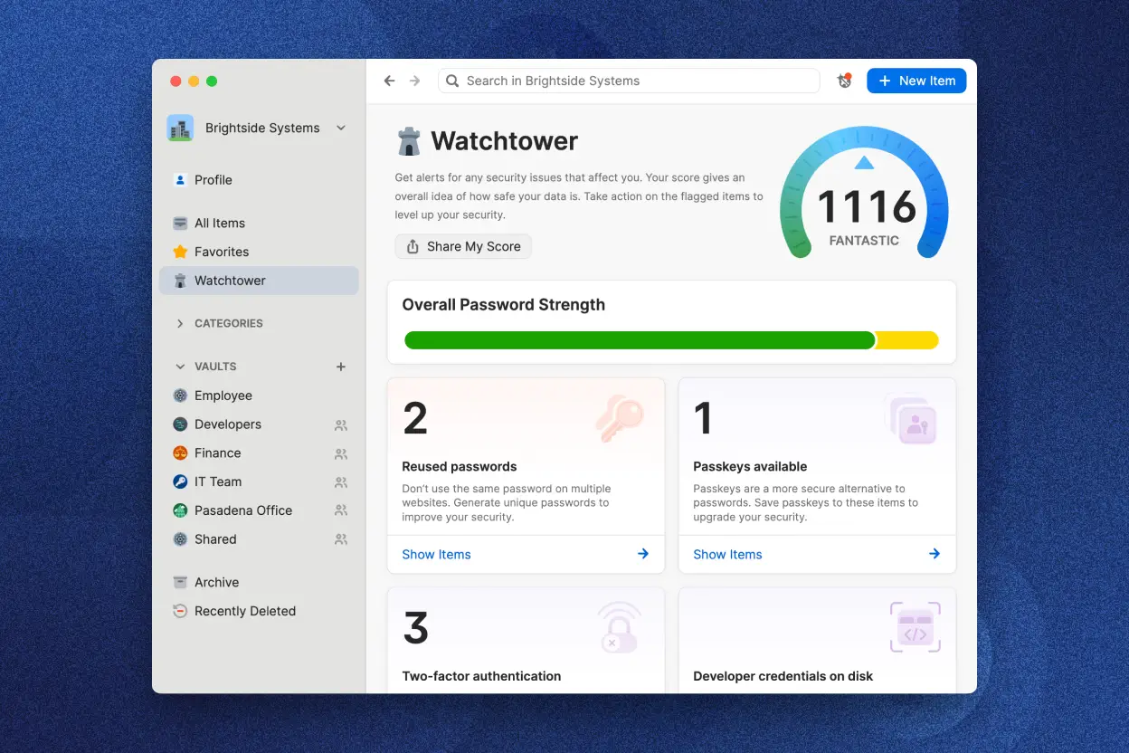 ある企業の1Password Watchtowerのインターフェイスに、高いセキュリティスコア、パスワードの強度、再利用されたパスワードと利用可能なパスキーの詳細が表示されている。