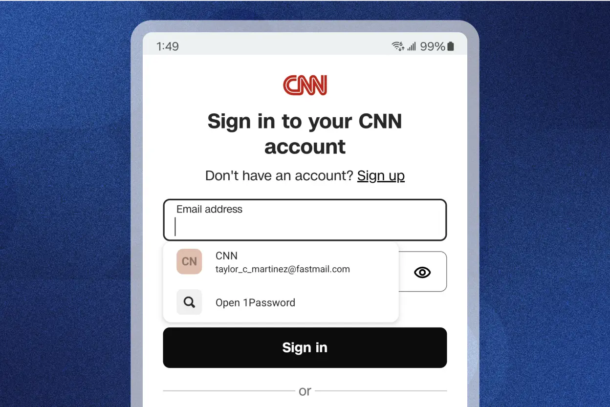 Sign-in page displaying fields for Username and Password. The username field is filled out and an autofill password suggestion from 1Password is shown in the dropdown in the password field. There is a 'Sign in' button following the password field.