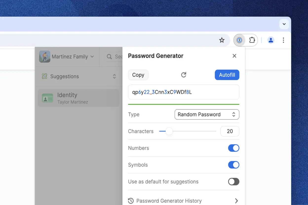 The built-in password generator tool in the 1Password browser extension showing a generated a random password. There are options to copy the password and to autofill it.