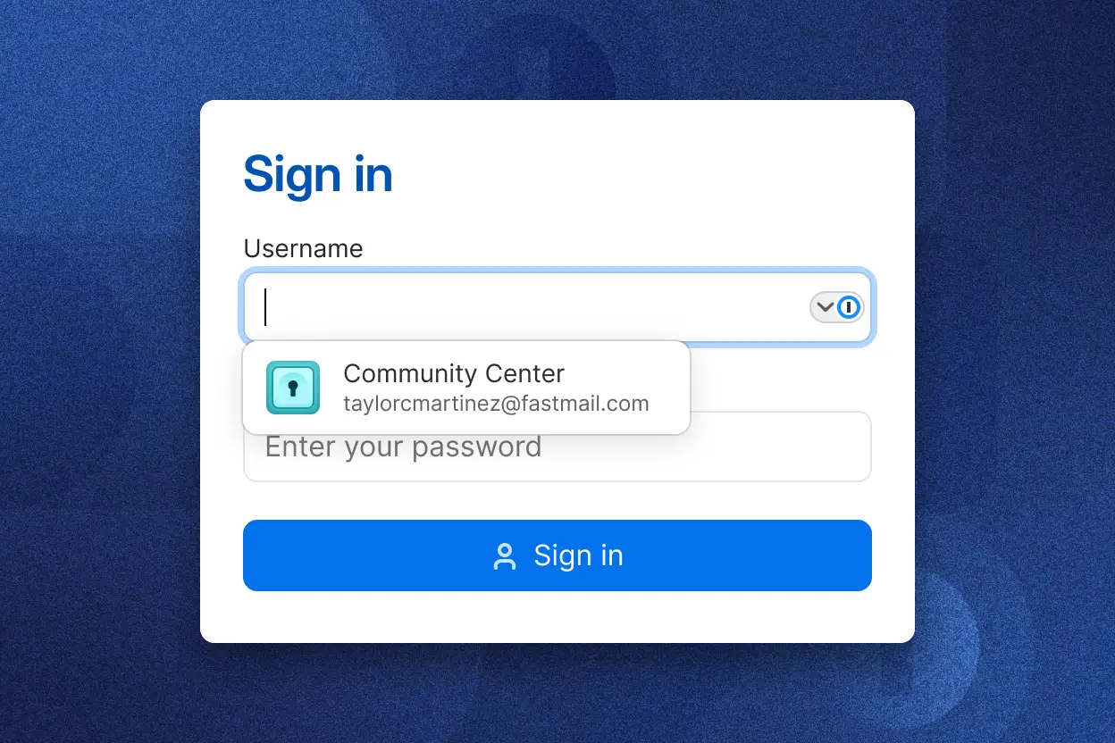 Sign-in form with username and password fields showing a 1Password autofill dropdown, and a "Sign in" button.