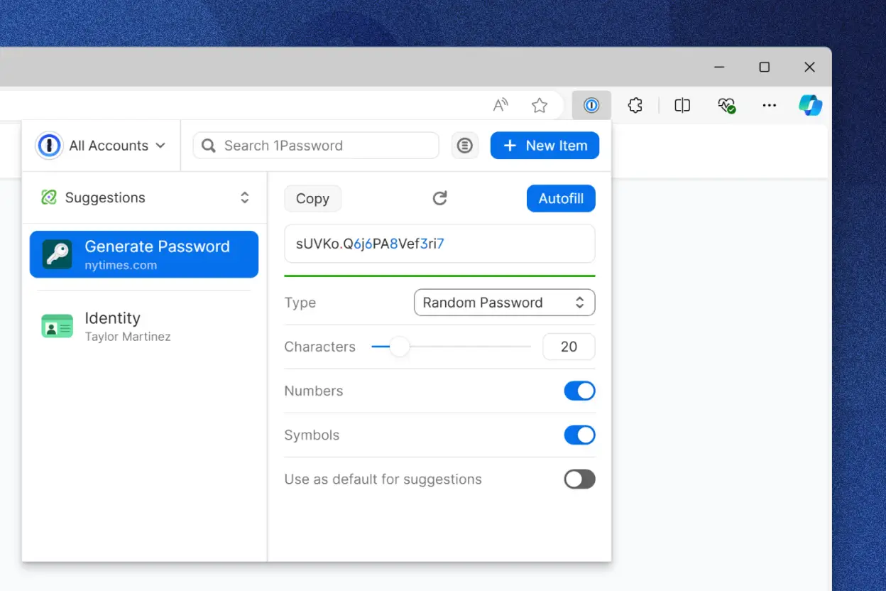 The built-in password generator tool in the 1Password browser extention showing a generated a random password. There are options to copy the password and to autofill it.