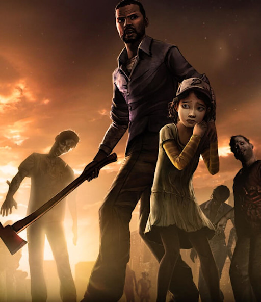 Clementine and Lee standing together. Lee's holding an axe in one hand and has his other hand on Clementine's shoulder. A herd of Walkers are approaching them in the background.