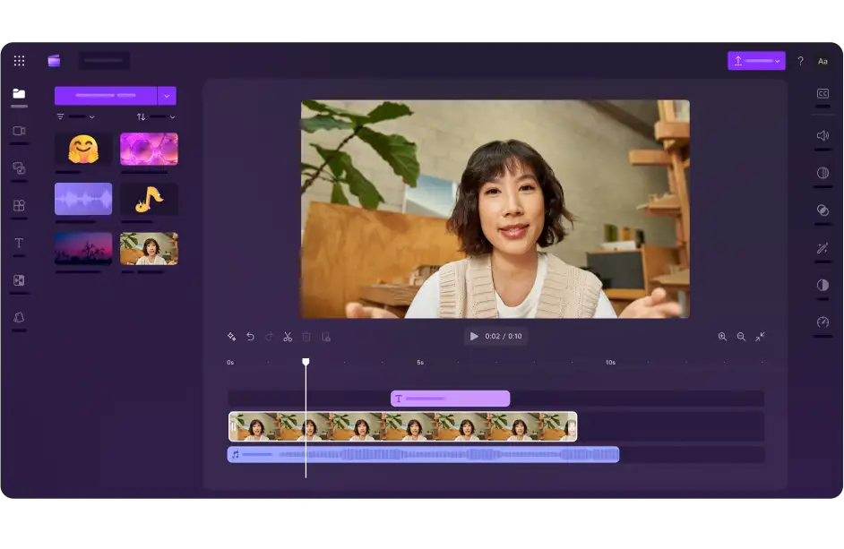 Evergreen Clipchamp editor screen with woman talking to camera  